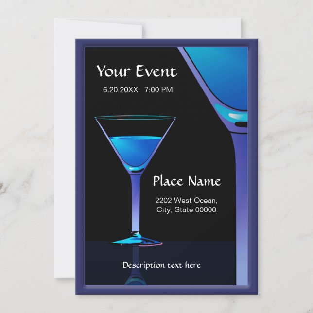 Dramatic Blue Martini Cocktails Invitation (Front)