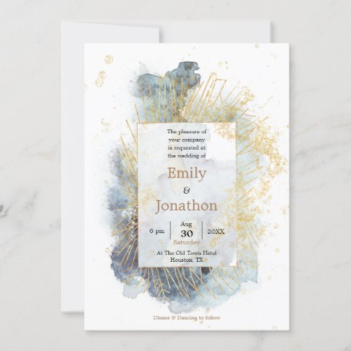 Dramatic Blue Ombre Watercolor Gold Line Wedding Invitation
