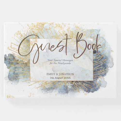 Dramatic Blue Ombre Watercolor Gold Lines Wedding Guest Book