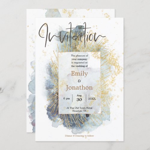 Dramatic Blue Ombre Watercolor Gold Lines Wedding Invitation