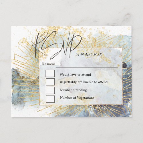 Dramatic Blue Ombre Watercolors Gold Wedding RSVP Postcard