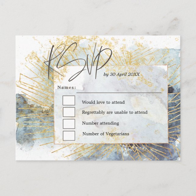Dramatic Blue Ombre Watercolors Gold Wedding RSVP Postcard (Front)