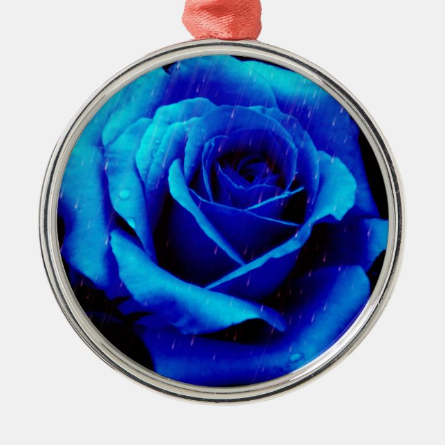 Dramatic Blue Rose Metal Ornament (Front)