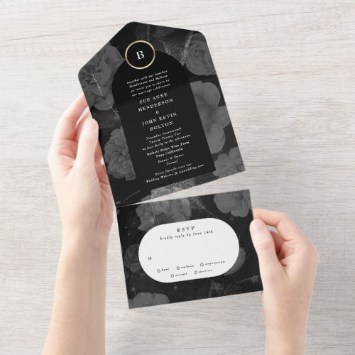 Dramatic Boho Floral Arch Gold Grays Wedding All In One Invitation