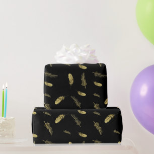 Dramatic Boho Golden Feathers Black Wrapping Paper