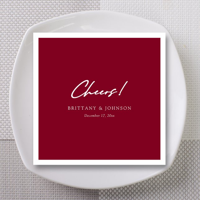 Dramatic Burgundy Swoop Script Cheers Wedding Napkins (Personalized Unique White Cheers Script Burgundy Wedding Napkins)