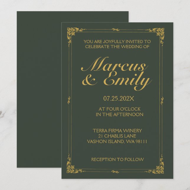 Dramatic Charcoal & Antique Gold Wedding  Invitation (Front/Back)