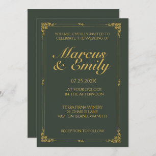 Dramatic Charcoal & Antique Gold Wedding Invitation