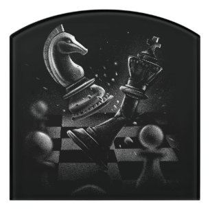 Dramatic Chess Battle – Knight vs. Horse Door Sign