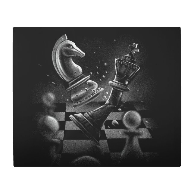 Dramatic Chess Battle – Knight vs. Horse  Metal Print (Front)