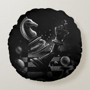 Dramatic Chess Battle – Knight vs. Horse  Round Pillow