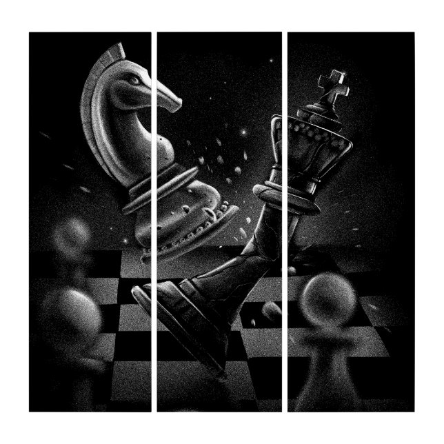 Dramatic Chess Battle – Knight vs. Horse  Triptych (Front)