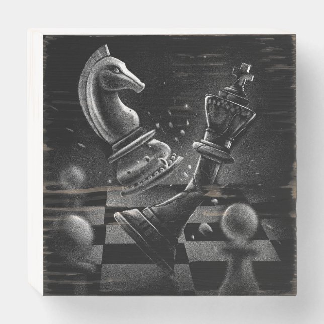 Dramatic Chess Monochrom Wooden Box Sign (Front Horizontal)