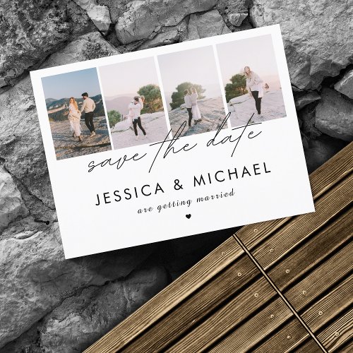 Dramatic Chic Script 4 Photo Collage Save The Date Postcard