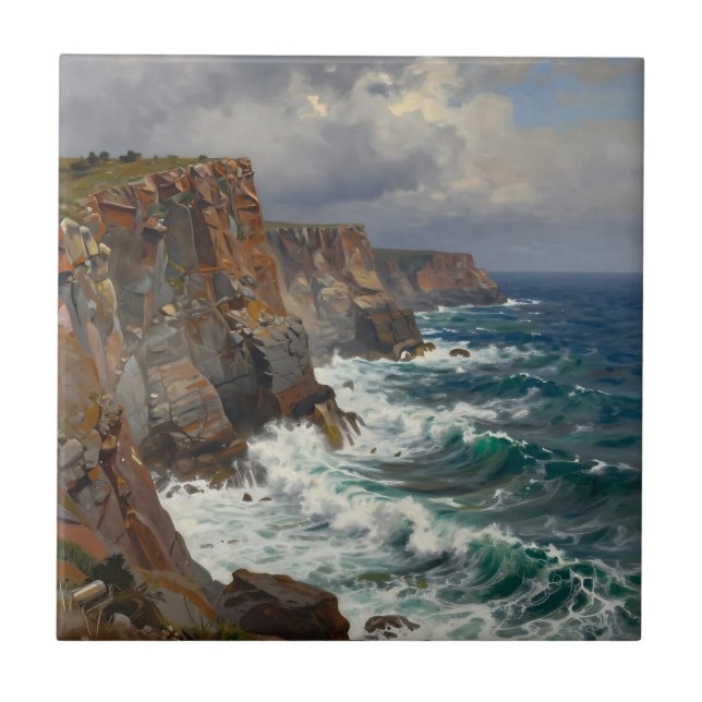 Dramatic Coastal Cliffs Crashing Waves Seascape Ceramic Tile (Front)