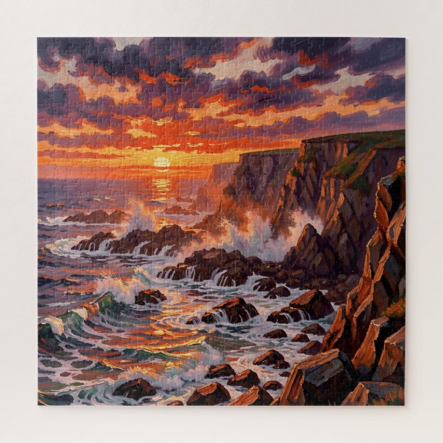 Dramatic Coastal Sunset Cliffs Painting Jigsaw Puzzle (Vertical)