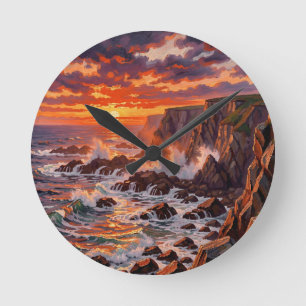 Dramatic Coastal Sunset Cliffs Painting Round Clock