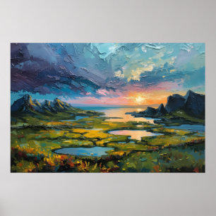 Dramatic Coastal Sunset Mountain Landscape Poster