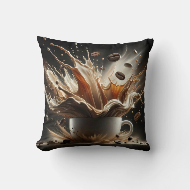 Dramatic Coffee Splash with Floating Coffee Beans Throw Pillow (Front)
