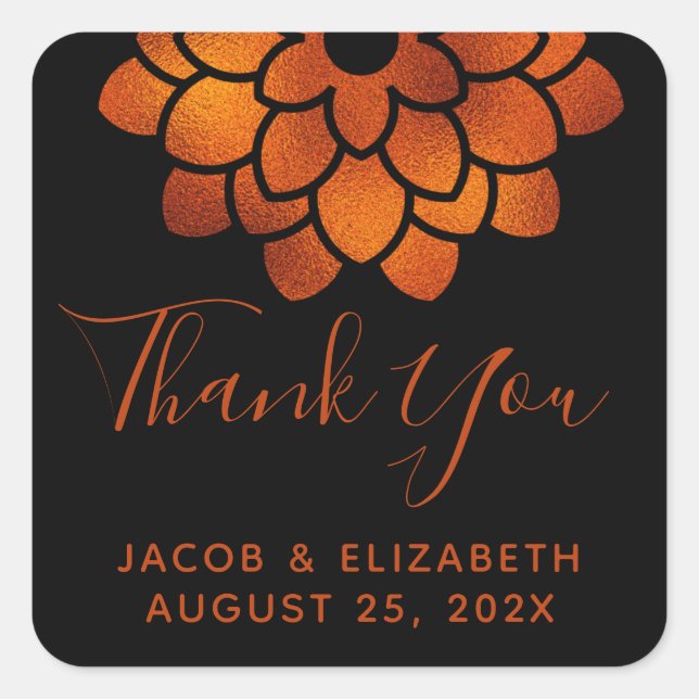 Dramatic Copper Flower on Black Thank You Wedding  Square Sticker (Front)