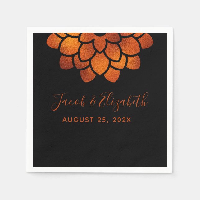 Dramatic Copper Flower on Black Wedding Napkins (Front)