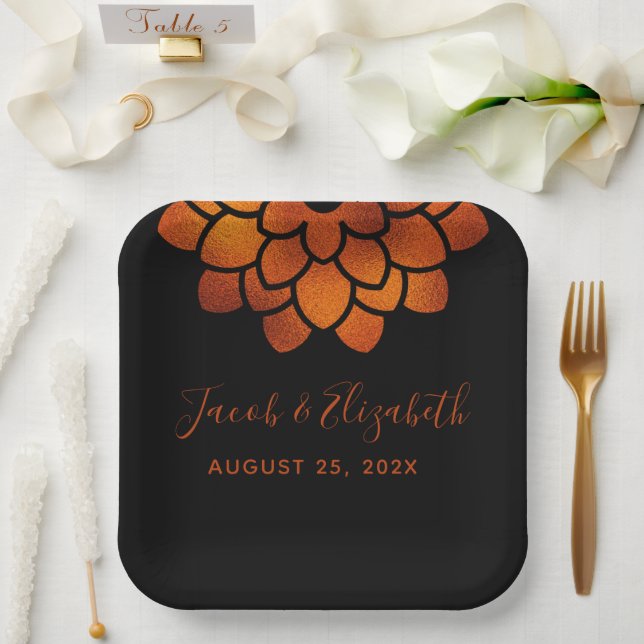 Dramatic Copper Flower on Black Wedding  Paper Plates (Wedding)