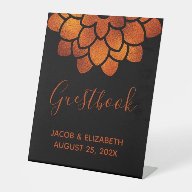 Dramatic Copper Flower on Black Wedding Table Pede Pedestal Sign (Front)