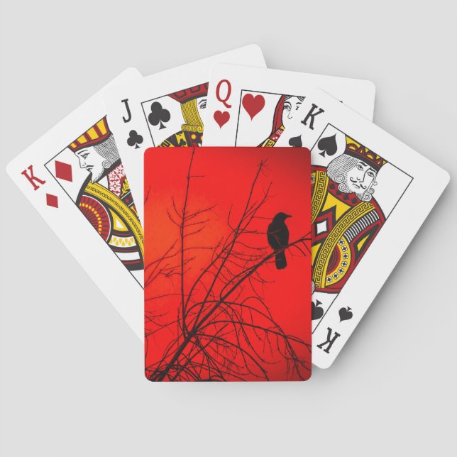 Dramatic Crow Bird in Tree Red Winter Photograph Poker Cards (Back)