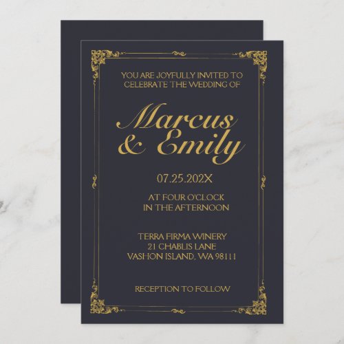 Dramatic Dark Blue  Antique Gold Wedding Invitation