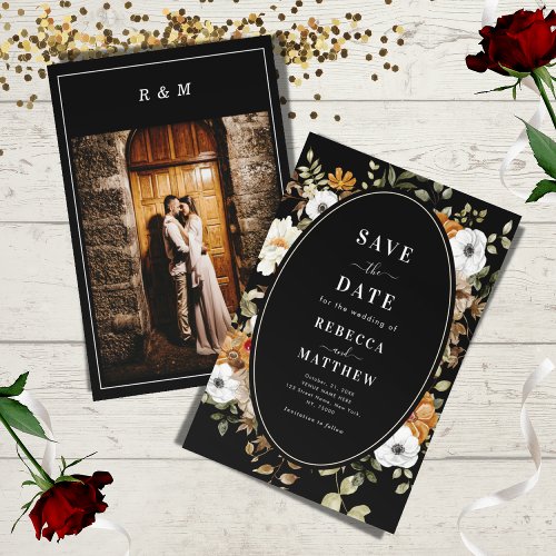 Dramatic  Dark Romantic Moody Floral Photo Black Invitation