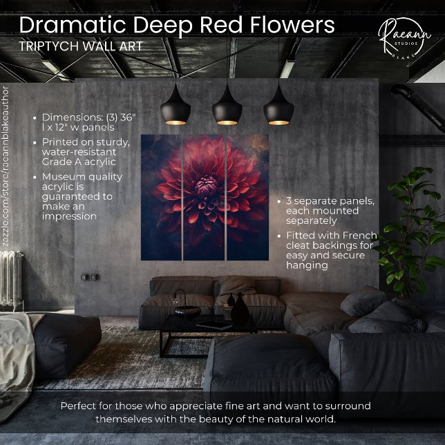 Dramatic Deep Red Flowers Triptych Wall Art (Creator Uploaded)