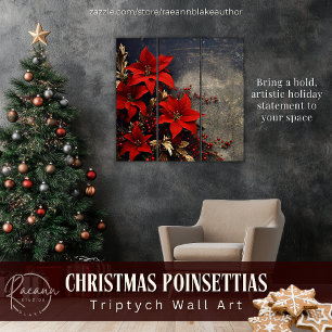 Dramatic Deep Red Poinsettias Triptych Wall Art