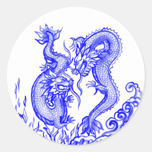 Dramatic Dragons  Blue White Water Fire Asian Classic Round Sticker