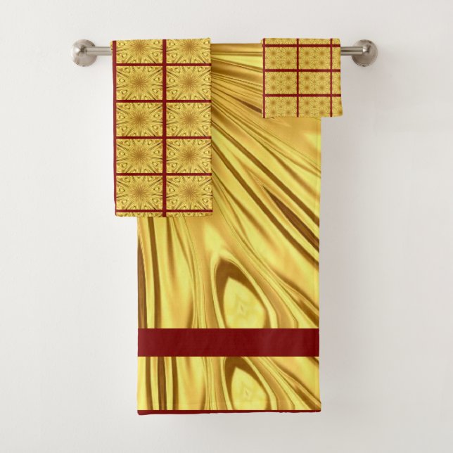 Dramatic Elegance: Gilded Zenith | Crimson & Gold Bath Towel Set (Insitu)