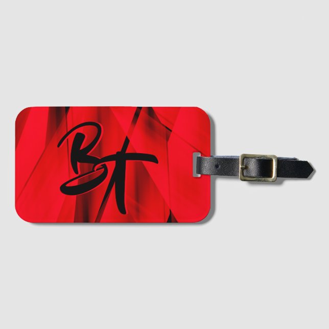 Dramatic Elegant Red Black Abstract Monogrammed Luggage Tag (Front Horizontal)