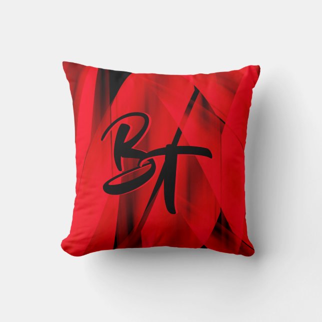Dramatic Elegant Red Black Abstract Monogrammed Throw Pillow (Front)