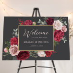 Dramatic Elegant Rose Bouquet Welcome Sign<br><div class="desc">Gorgeous vibrant garden floral design features rich red and soft blush pink roses,  mixed with peonies in similar hues,  trimmed with greenery and stems... . finished with modern elegant script calligraphy over a dark gray background. Simple elegance.</div>