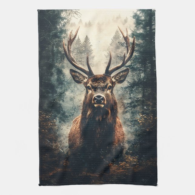 Dramatic Elk in the Woods Kitchen Towel (Vertical)