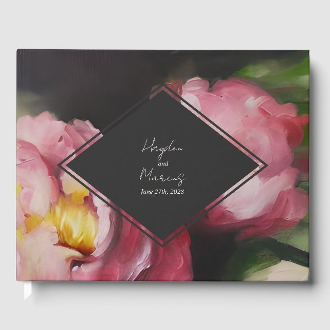 Dramatic Floral Botanical Pink Diamond Wedding Guest Book (Front)