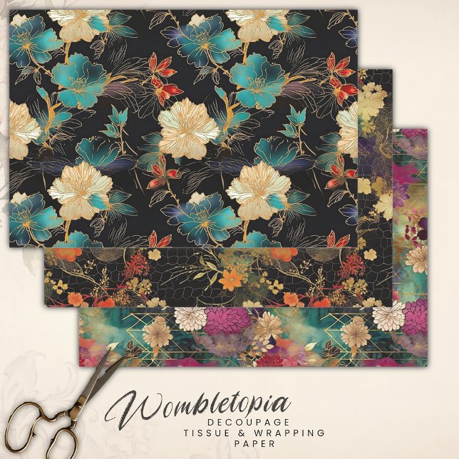 Dramatic Floral in Teal, Black & Cream Decoupage Wrapping Paper Sheets (Creator Uploaded)