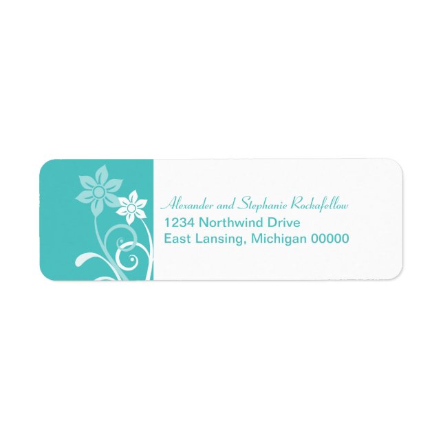 Dramatic Floral Swirls Return Address Labels, Aqua Label (Front)