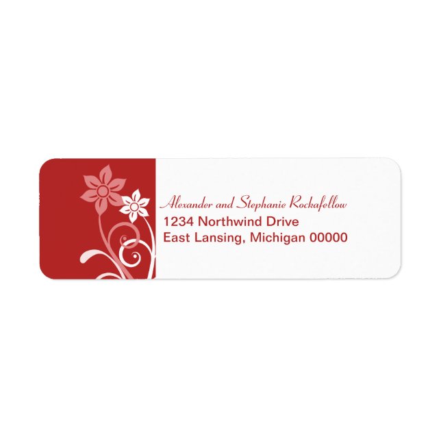 Dramatic Floral Swirls Return Address Labels, Red Label (Front)