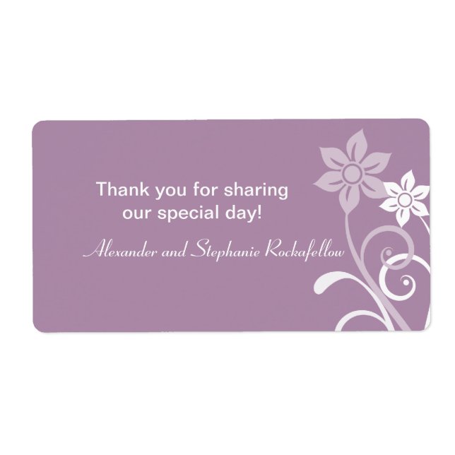 Dramatic Floral Swirls Wedding Labels, Purple Label (Front)