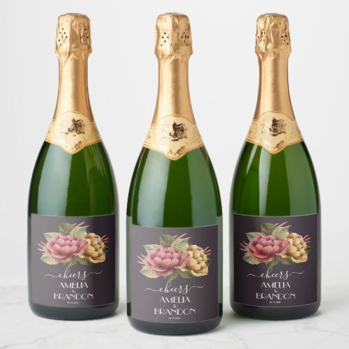 Dramatic Floral Wedding Sparkling Wine Label