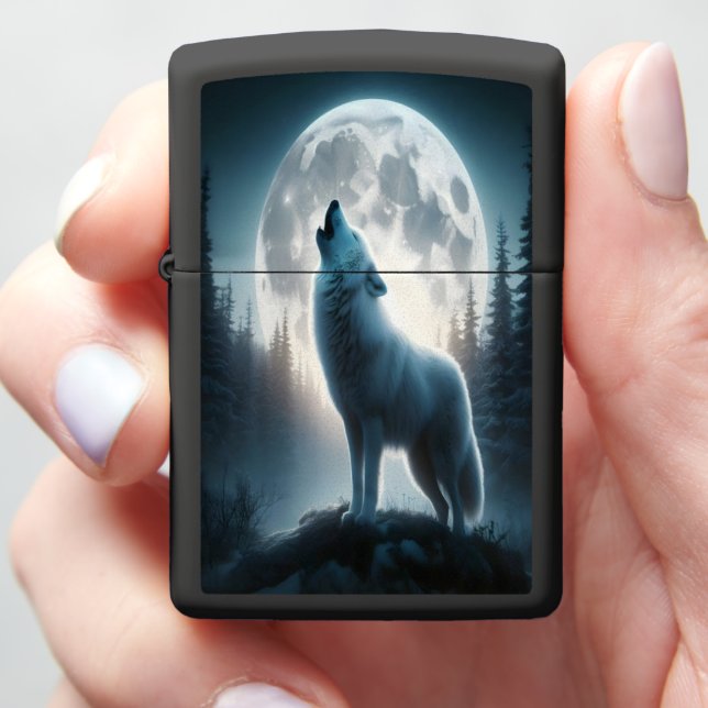 Dramatic Forest Scene with Wolves Zippo Lighter (In Hand)