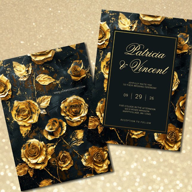 Dramatic Gold Roses on Black Wedding Invitation (Creator Uploaded)