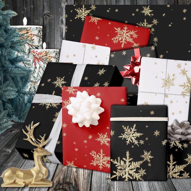 Dramatic Gold Snowflakes On Red Black & White Wrapping Paper Sheets (Dramatic Gold Snowflakes On Red Black & White Wrapping Paper Sheets)