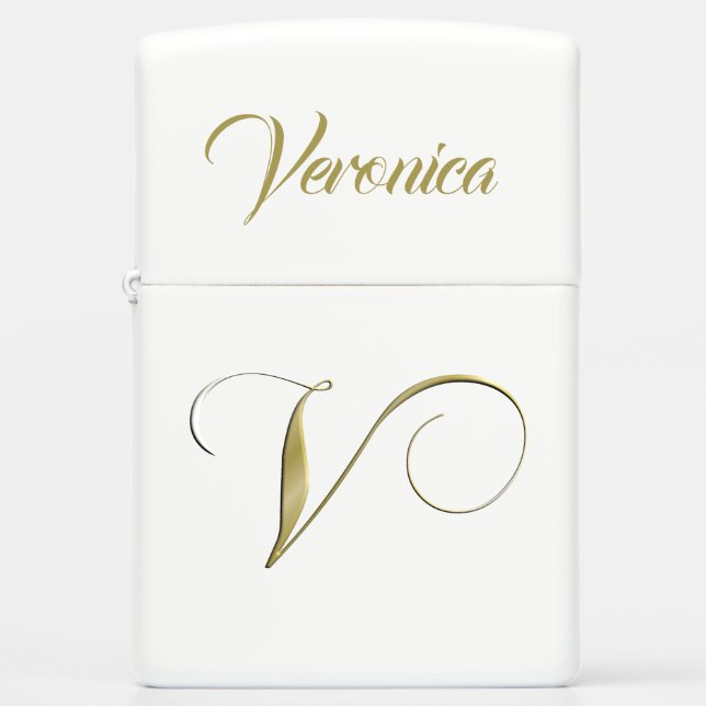 Dramatic Gold V Monogram Initial Change Your Name Zippo Lighter (Front)