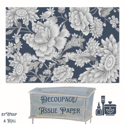 Dramatic Large Florals Dusty Grey on Deep Navy Tissue Paper