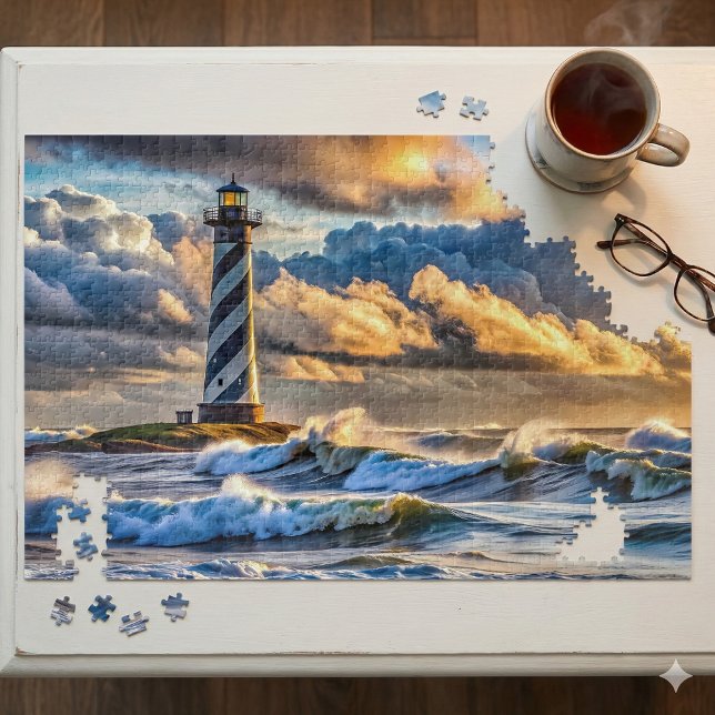 Dramatic Lighthouse Seascape with Stormy Waves Jigsaw Puzzle (Dramatic Lighthouse Seascape with Stormy Waves Jigsaw Puzzle Mockup A)
